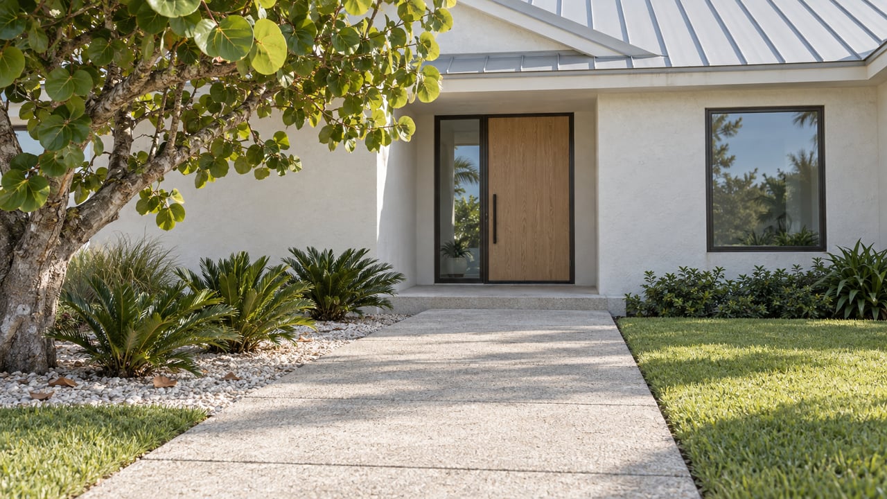 Off-white stucco house entry with an oak door, bronze-framed sidelight, shell-aggregate walk, and coastal plants.