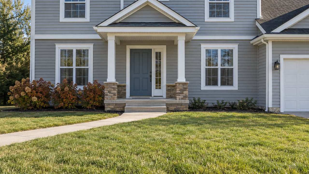 Gray-sided two-story home with white trim, a small stone-based porch and a deep lawn bordered by autumn oakleaf hydrangeas.