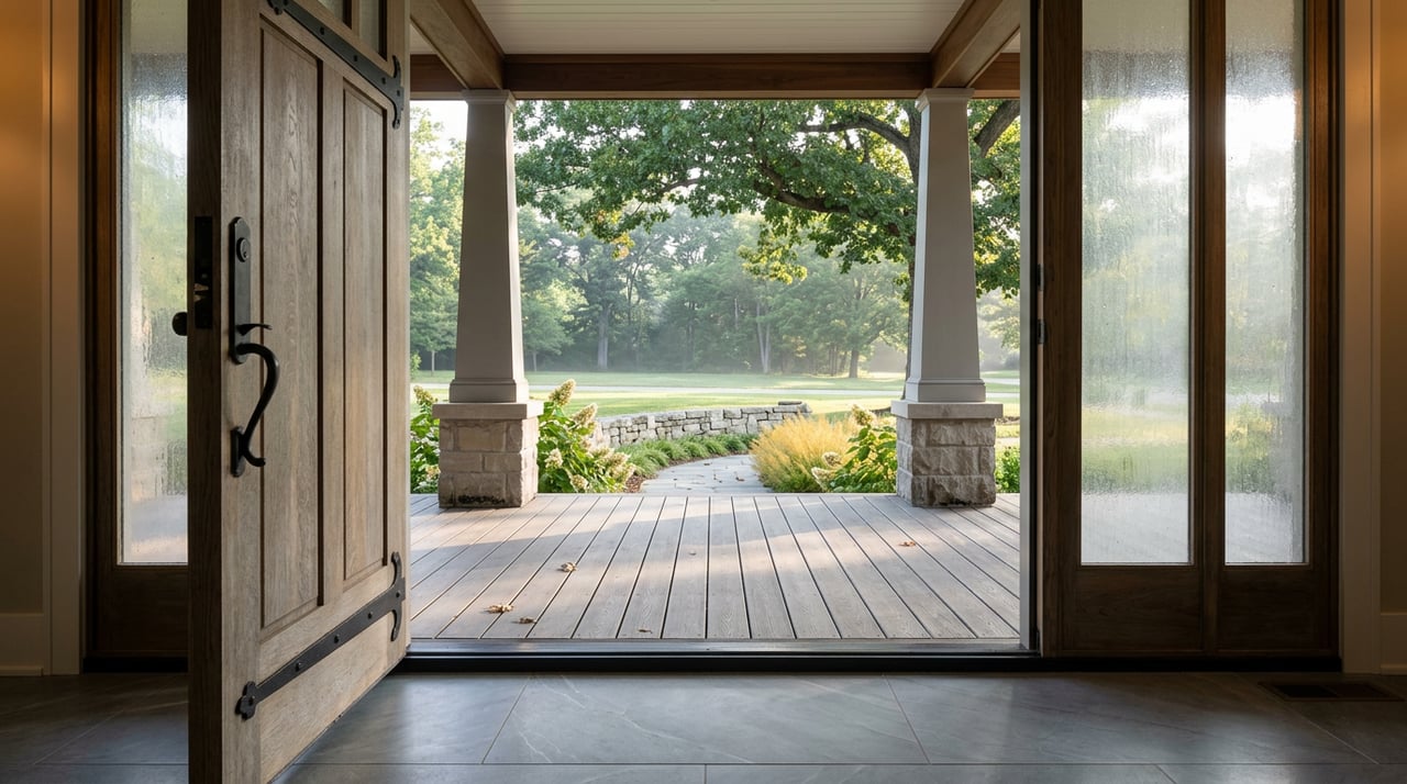 Open oak front door framing a porch with gray columns, stone bases, and a lawn beneath mature trees.