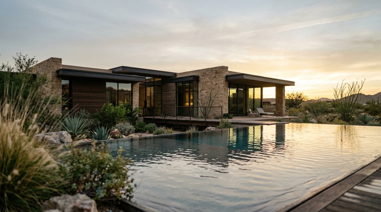 Desert home with timber beams and glass facade beside a pool, framed by barrel cactus and agave.