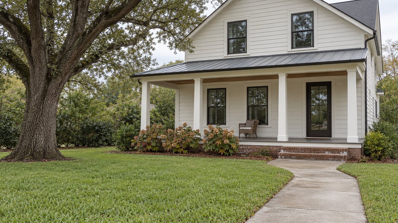 White lap-sided home with a metal-roofed porch, brick steps, broad lawn and a spreading live oak.