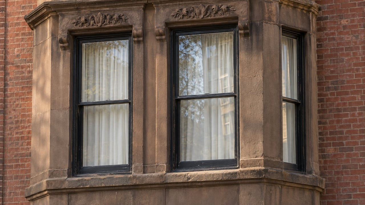 Morning light across a weathered brownstone bay with paired black sash windows and adjoining red brick.