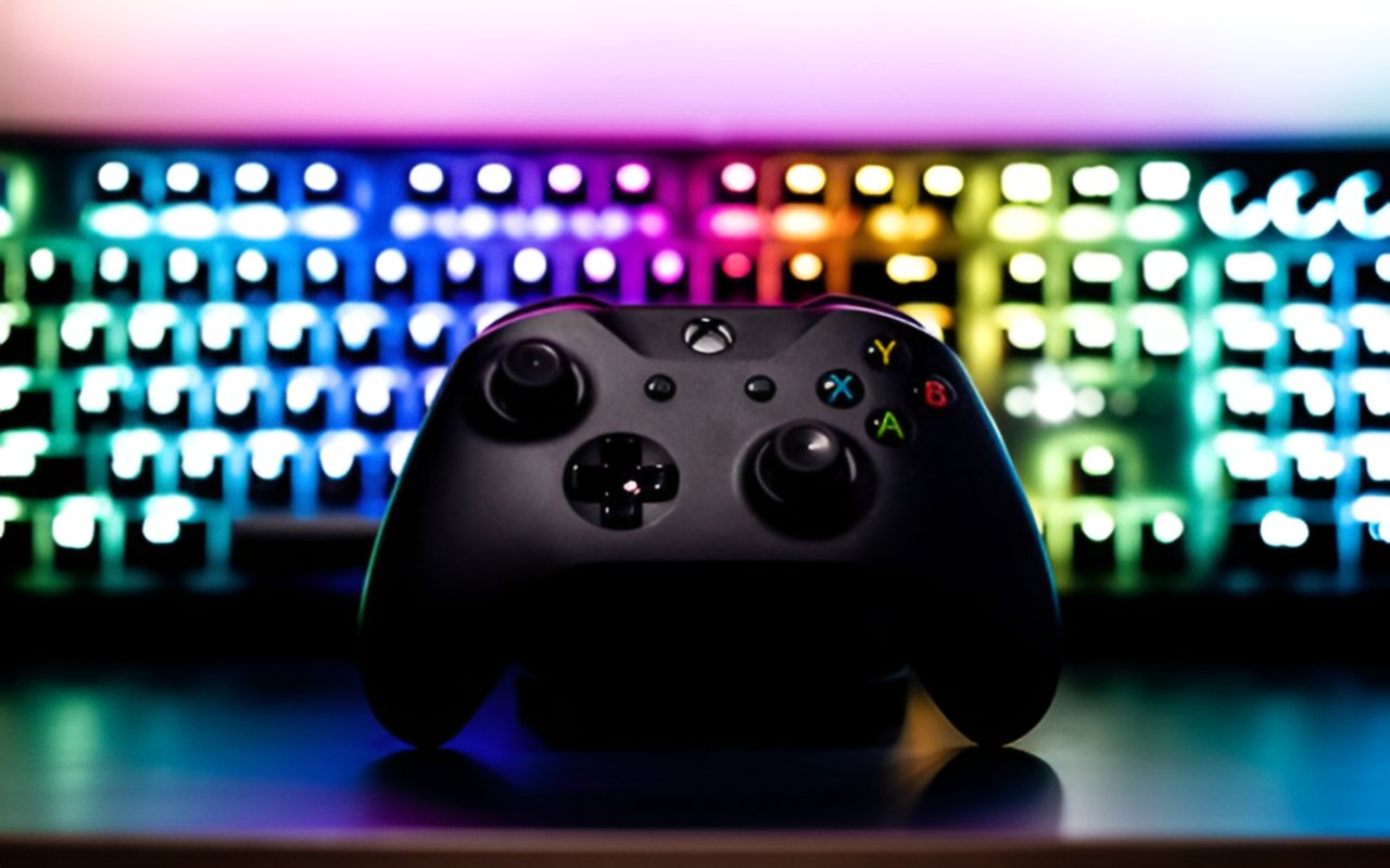 Black game controller in front of a brightly lit RGB keyboard.