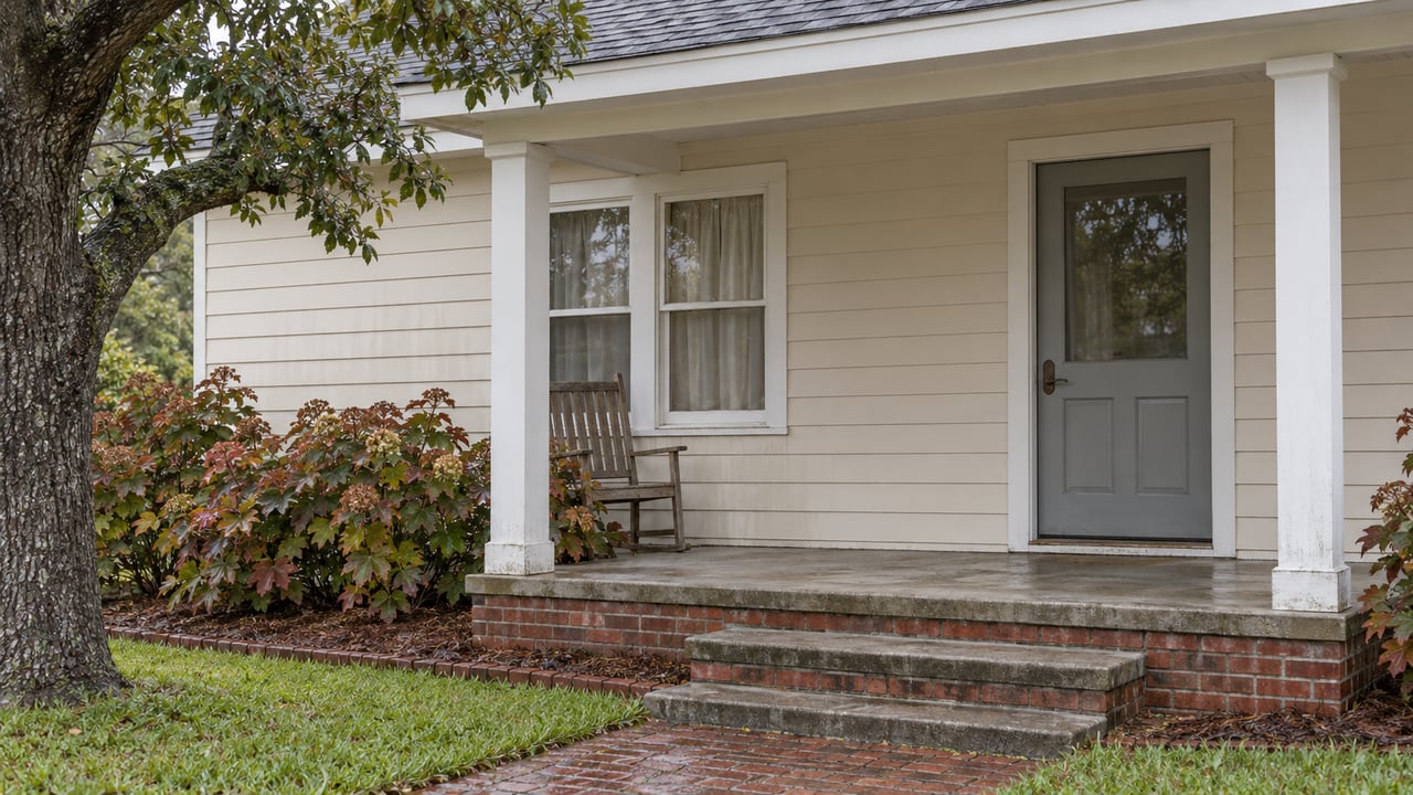 Ivory-sided cottage porch with a gray front door, red-brick foundation, oak chair, and oakleaf hydrangeas after rain.