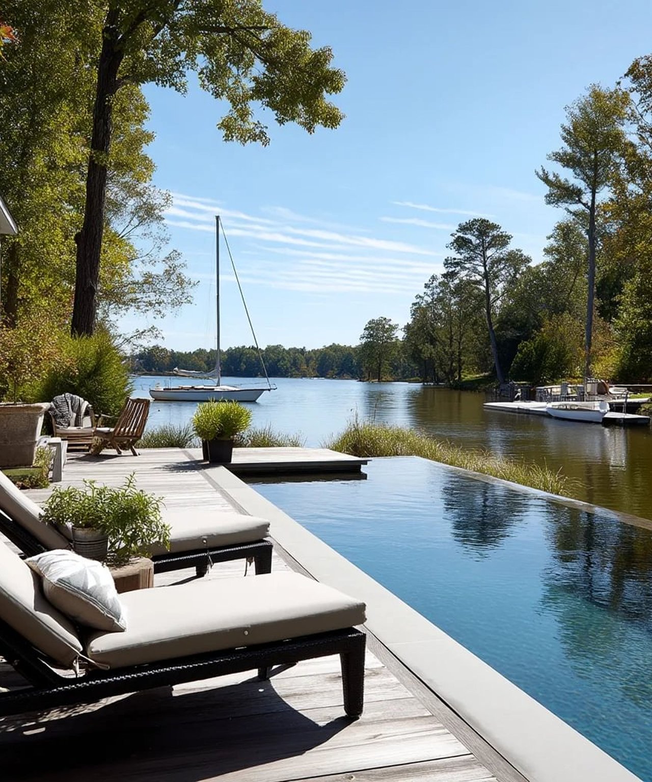 Waterfront pool and deck with lounge chairs overlooking a tree-lined lake and anchored sailboat.