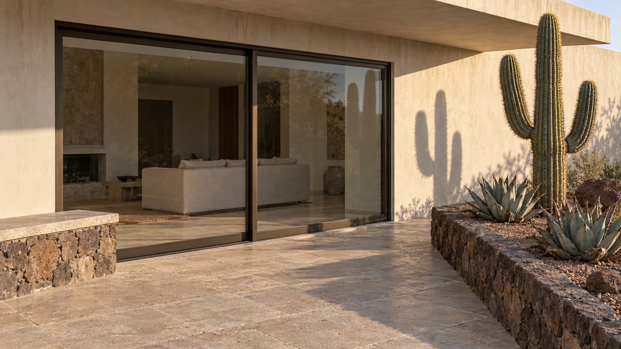 Sunlit limestone terrace beside a glazed living room, with volcanic-stone seating and a raised cactus planter.