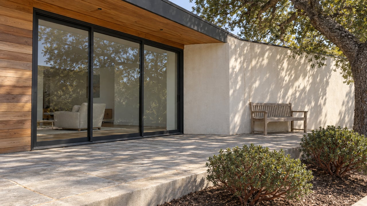 Sunlit cedar and pale stucco home beside a stone terrace, with closed glass sliding doors, a teak bench and mature oak planting.