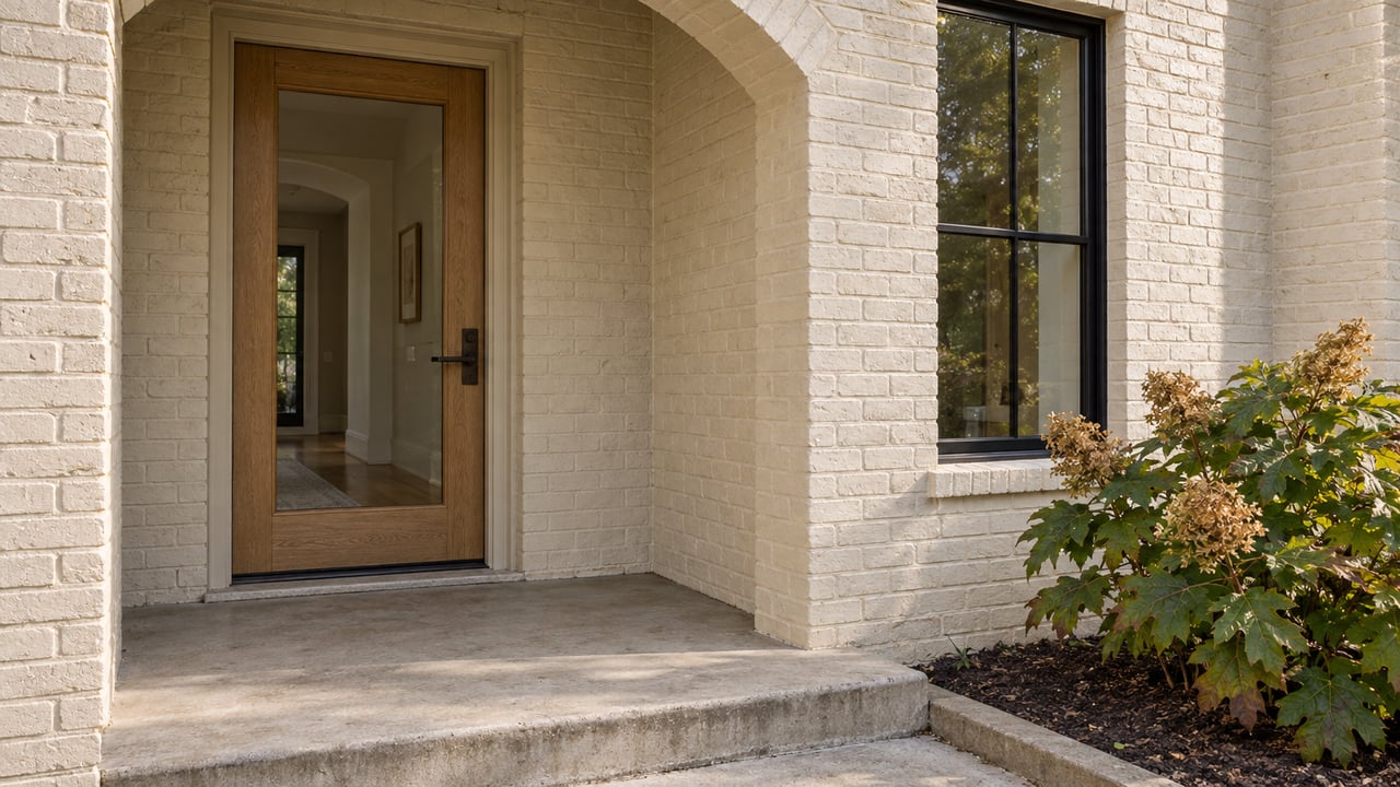 Close view of an ivory painted-brick arched entry, glazed oak front door, black-framed window and oakleaf hydrangea beside a concrete porch.