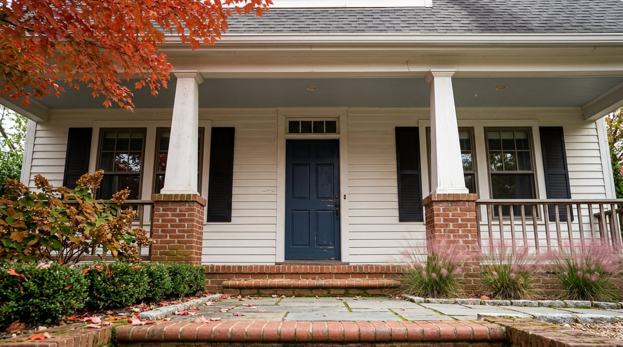 Low-angle view of a two-story brick-and-white-clapboard home with a navy door, columned porch, and red-orange fall canopy.