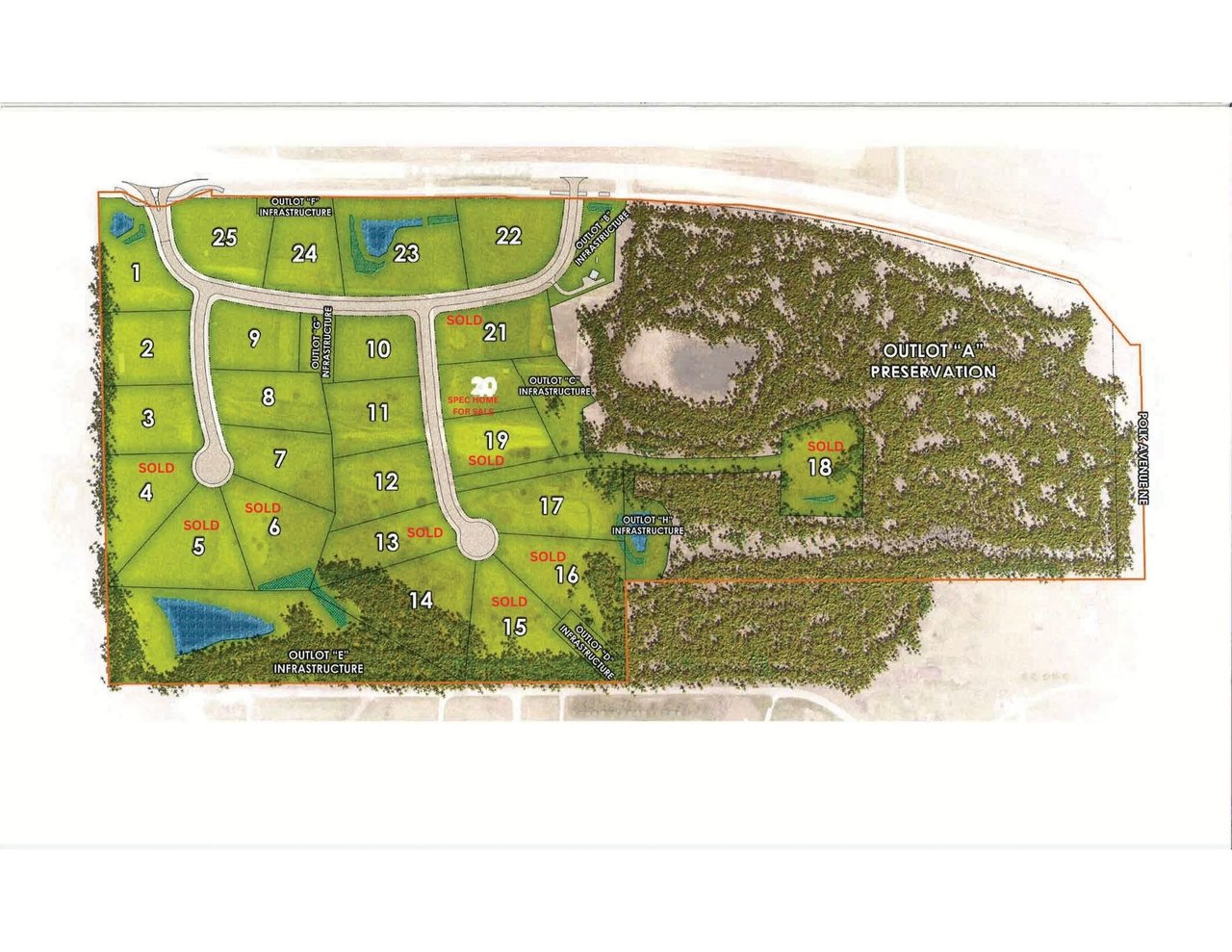 Oak Meadow development site plan with numbered lots, sold homesites, and a large preservation area.
