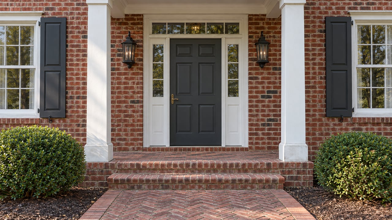 Red brick home entrance with white porch columns, a charcoal door, multi-pane windows and a worn brick approach in afternoon sunlight.