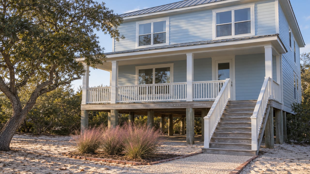 Raised pale-blue coastal house with a covered porch, weathered timber stairs and rose-colored grass seedheads in late-afternoon light.