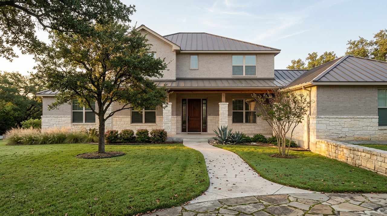 Two-story limestone and brick Hill Country home with a covered porch, bronze roof, oak tree, and curved walkway.
