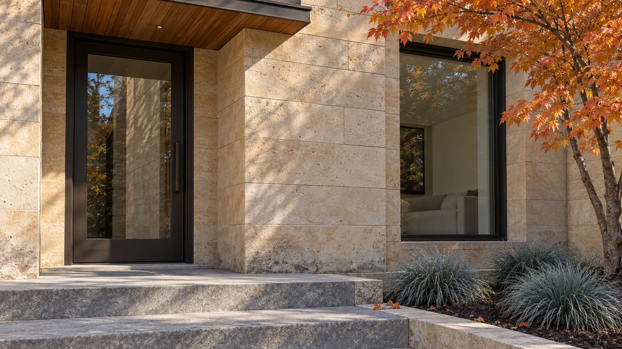 A sandstone residential entry with a cedar-lined canopy, dark-framed glazing and copper autumn leaves beside stone steps.