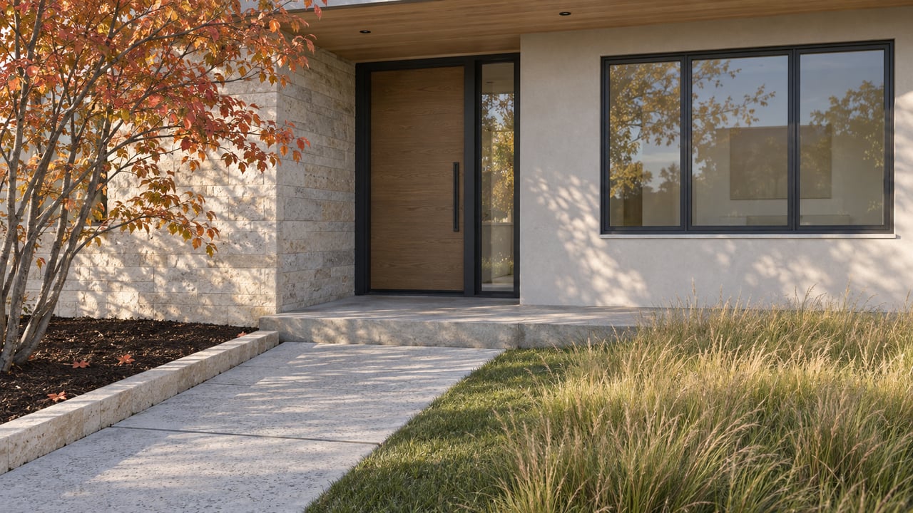 Contemporary home's recessed oak entry, limestone wall and concrete approach beside autumn serviceberry and seasonally drying blue grama lawn.