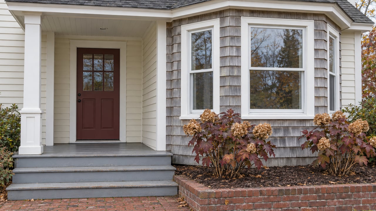 Gray shingle and ivory clapboard home entrance beside a projecting bay window, with brick paving and autumn oakleaf hydrangeas.