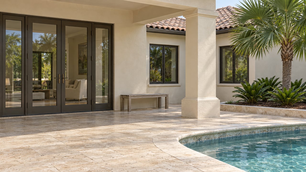 Covered limestone terrace beside a pool, with pale stucco walls, bronze-framed glass doors and a mature fan palm.