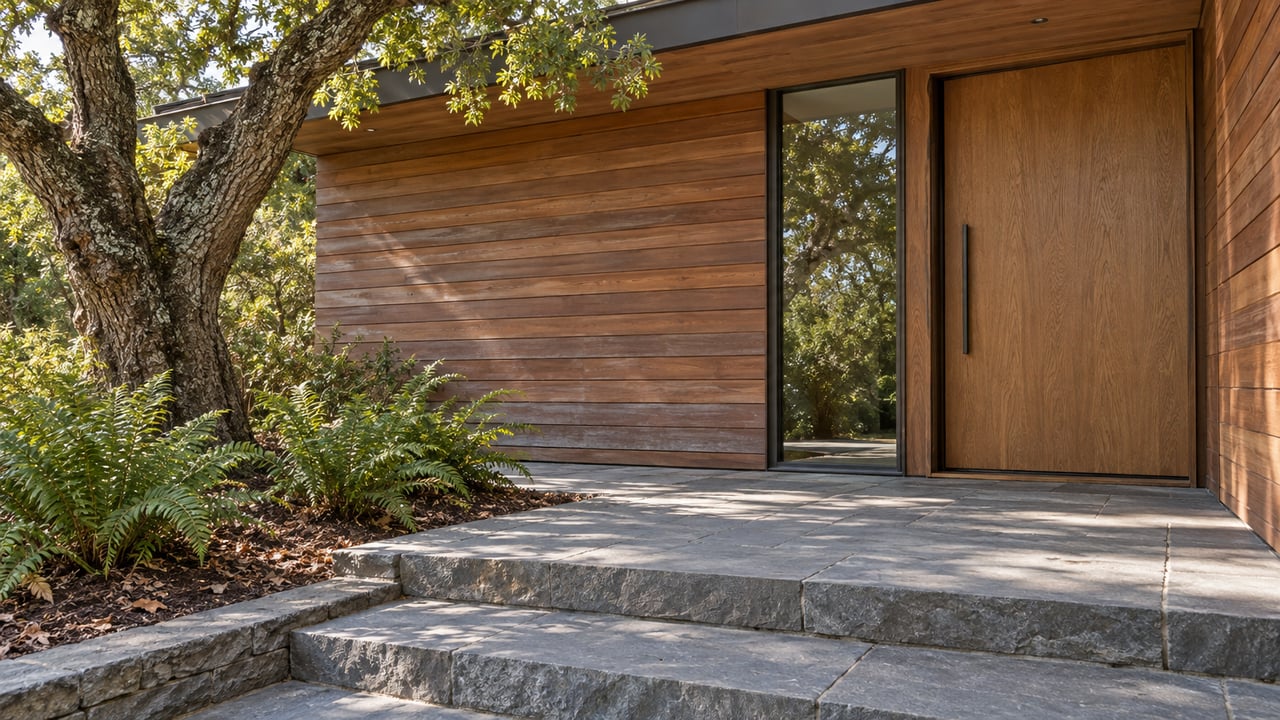 A redwood-clad home's oak entry door and glazed sidelight above weathered bluestone steps, beside an oak tree and ferns.