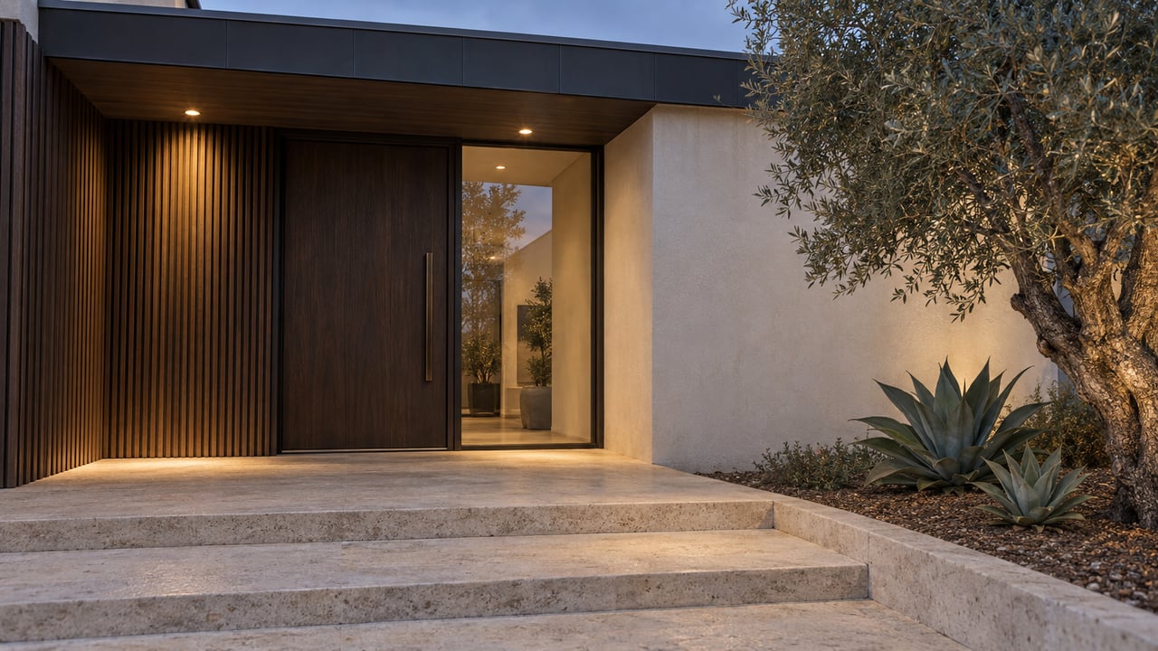 Contemporary home entrance at blue hour with dark timber cladding, limestone paving, a bronze-framed sidelight and an olive tree.
