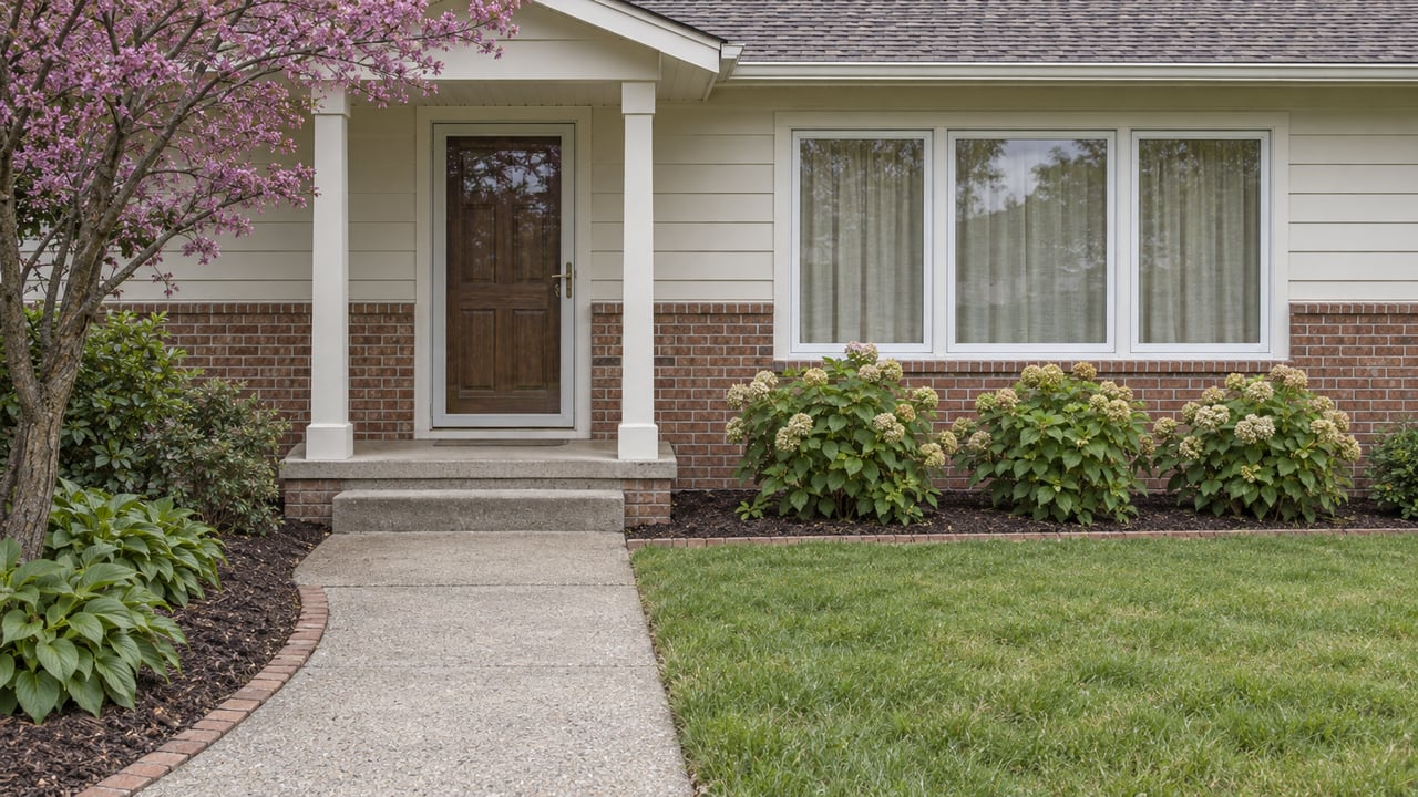 Covered entry of a brick and ivory-sided ranch home, with a concrete front walk, lawn, redbud tree, and flowering hydrangeas.