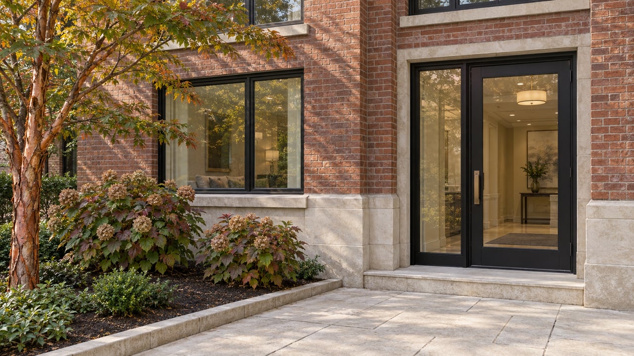 Red-brick condominium entrance with black-framed glazing, limestone paving, and autumn foliage.