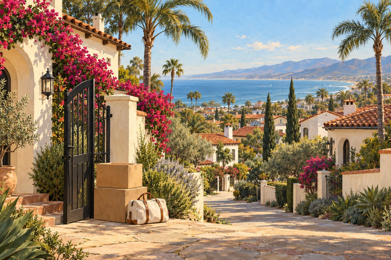 Illustration of moving boxes beside a Santa Barbara garden gate, with Spanish-style homes and the ocean beyond.