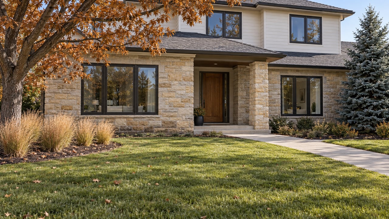 A sandstone and off-white house beyond a broad autumn lawn, framed by a russet oak and a blue spruce.