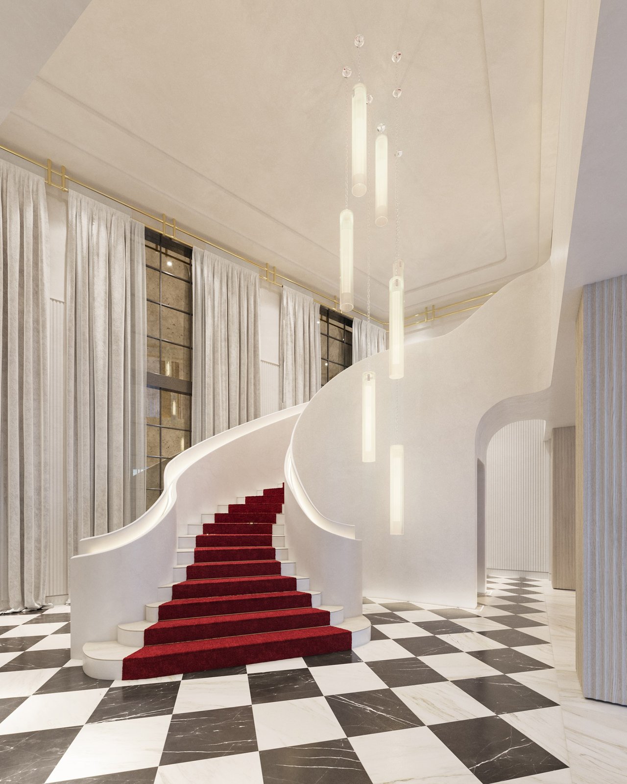 Lobby Staircase rendering at Baccarat Residences in Brickell, Miami.