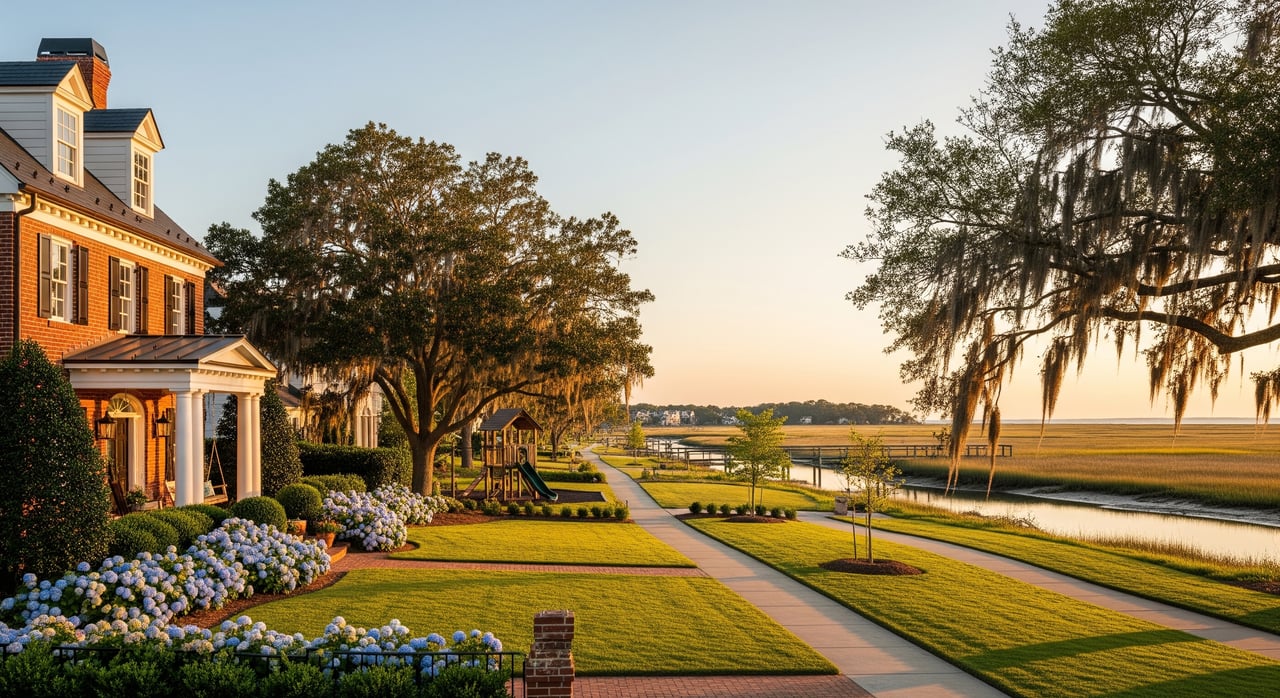 Red-brick mansion and flower gardens beside a waterfront promenade beneath sprawling oak trees.