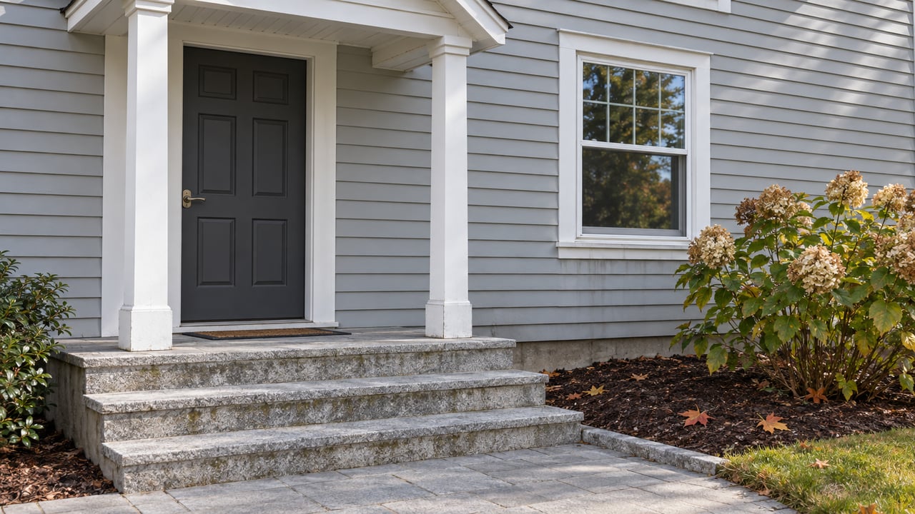 Gray clapboard home entry with a charcoal door, white-trimmed window, weathered granite steps and dried hydrangea flowers.