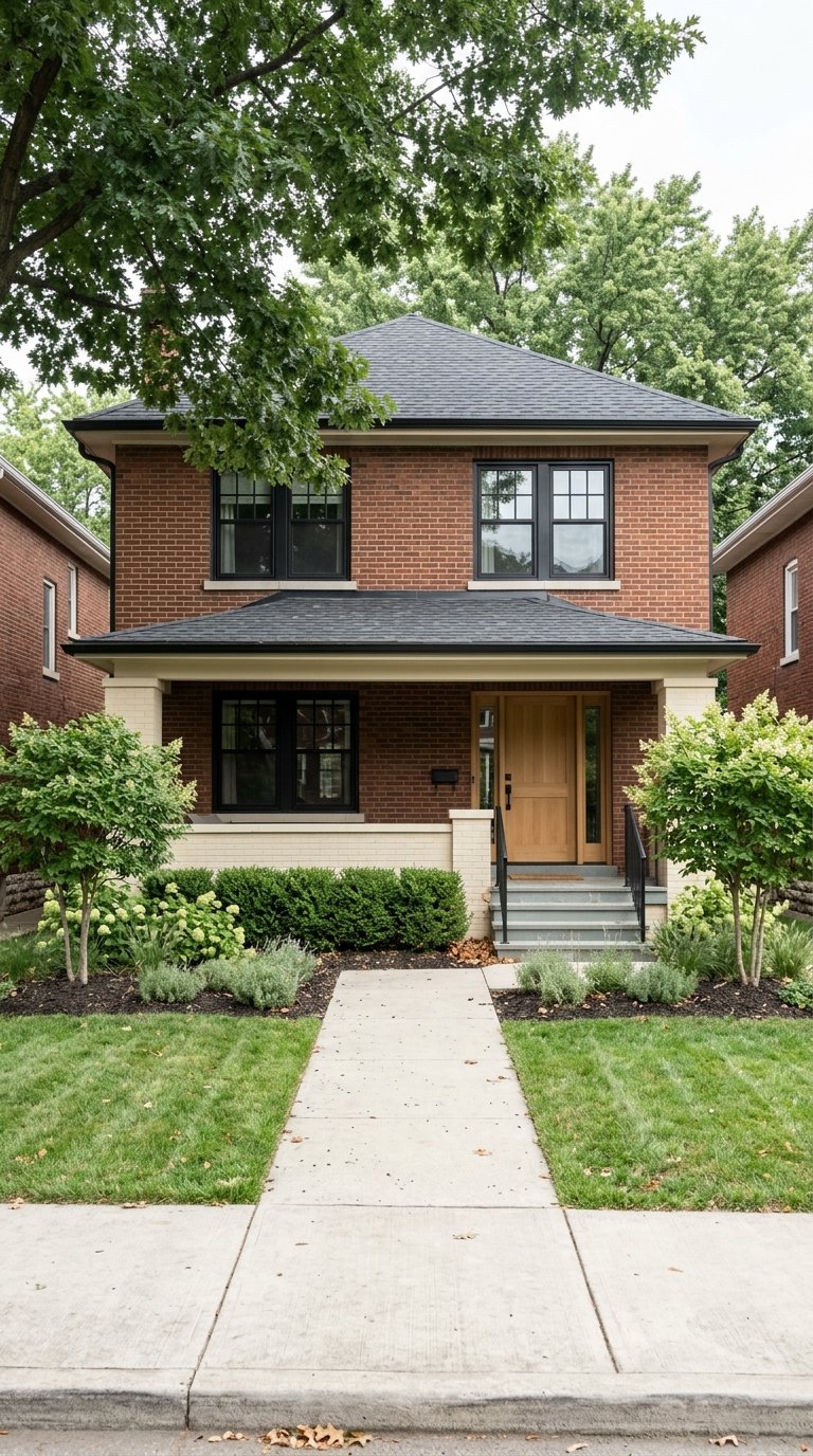 Two-story brick square house with a shallow porch, oak tree, and flowering lilac.
