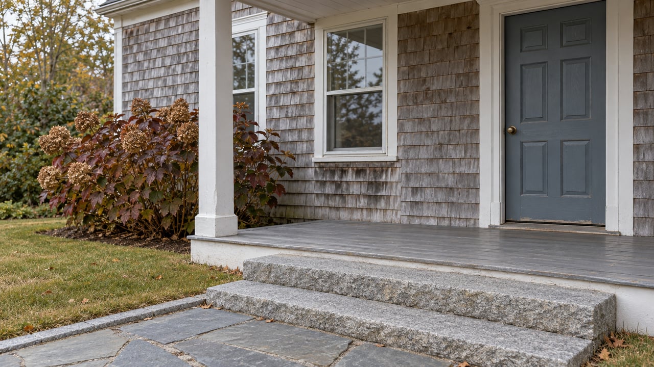 Weathered cedar-shingle home with a slate-blue front door, granite steps, bluestone walk and burgundy oakleaf hydrangea.