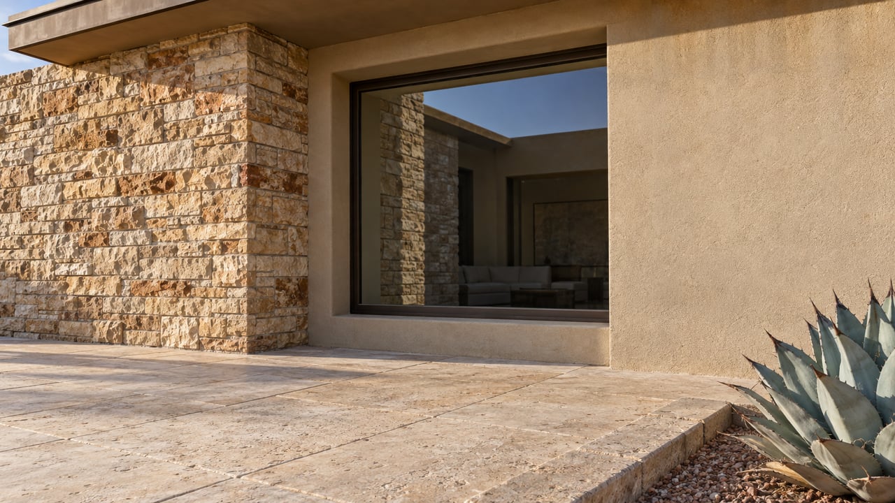Morning light grazes sandstone and sand-colored stucco beside a recessed bronze-framed window, limestone terrace and blue-gray agave.