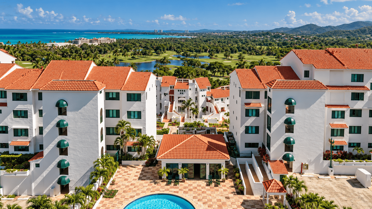 White terracotta-roofed condominiums overlook a golf course, ocean, and green hills.
