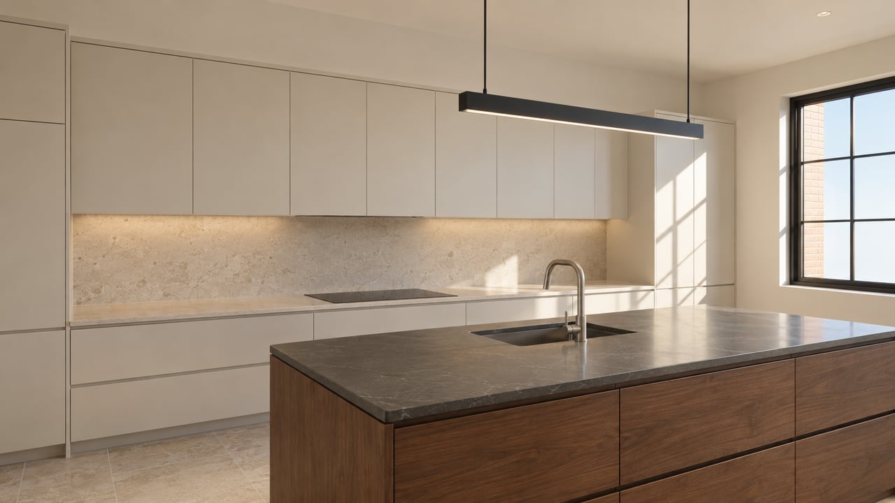 Contemporary kitchen with a walnut island, black cooktop, and warm sunlight through a black-framed window.