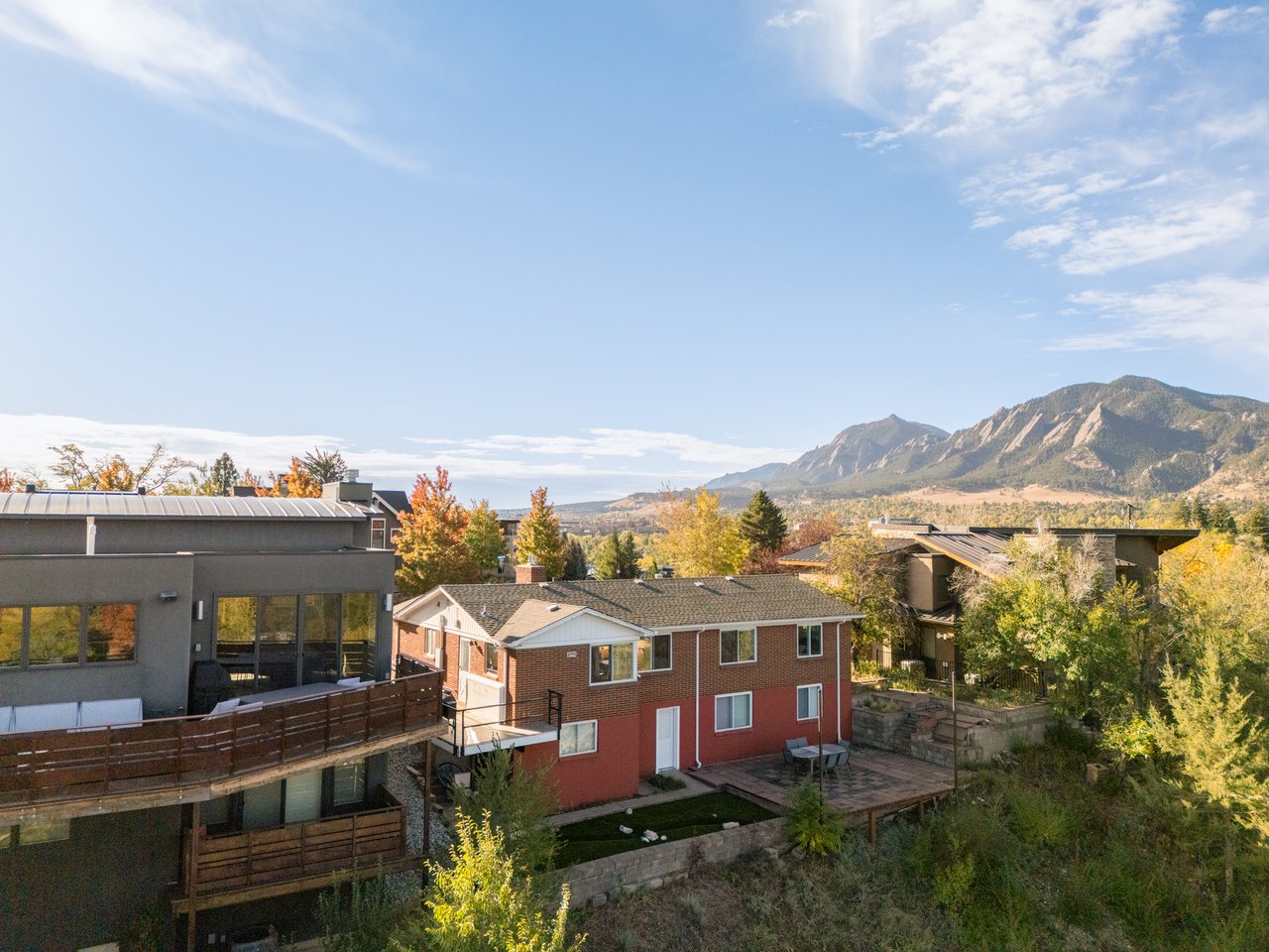 Aerial view over 2003 Balsam Drive and neighboring homes looking south toward the Flatirons