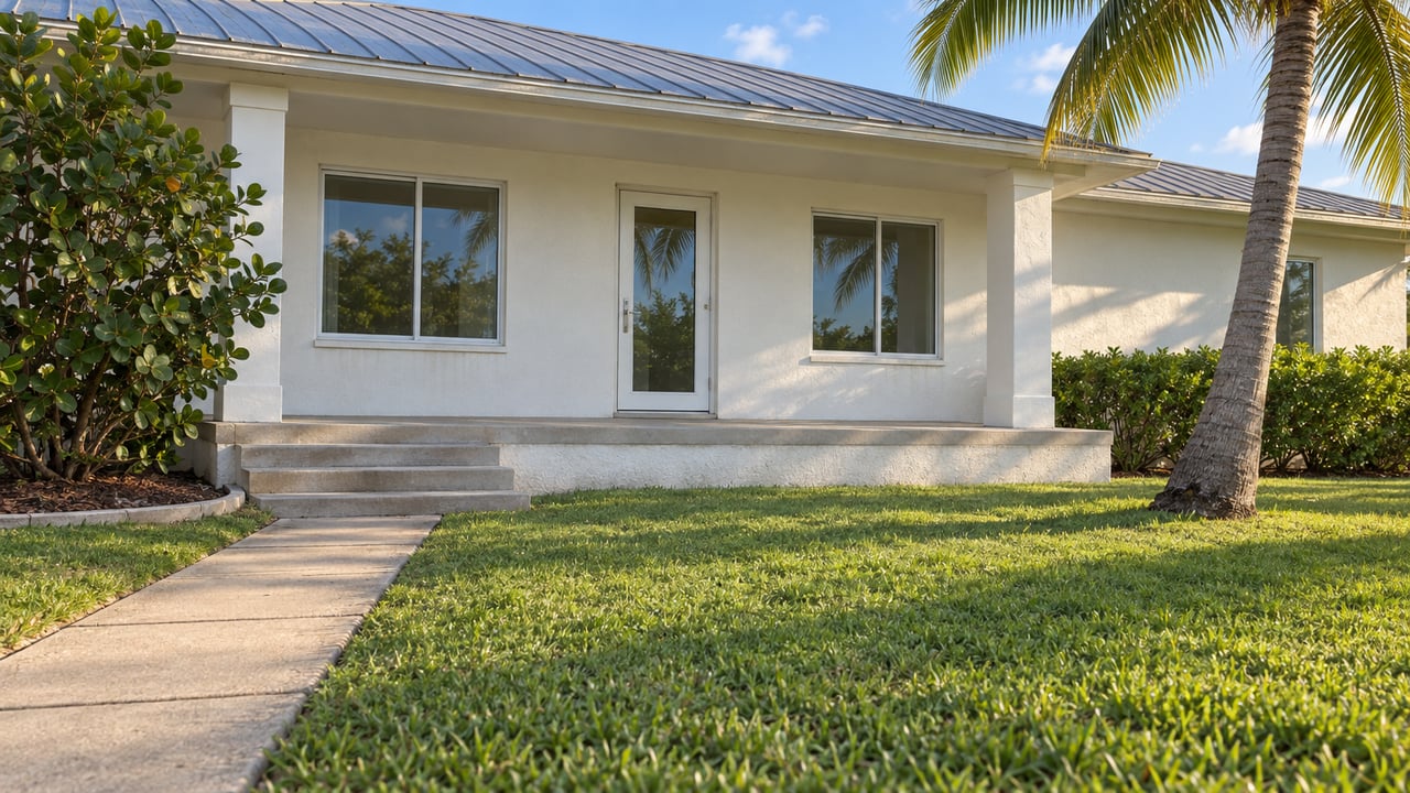 A white stucco home with a covered porch, metal roof and textured green lawn, framed by a coconut palm and sea grape.