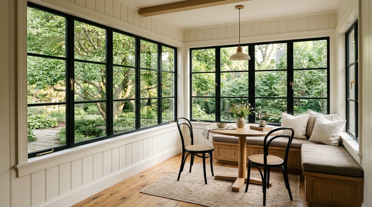 Oak sunroom with a round table, black steel chairs, and a taupe banquette beside shaded garden windows.