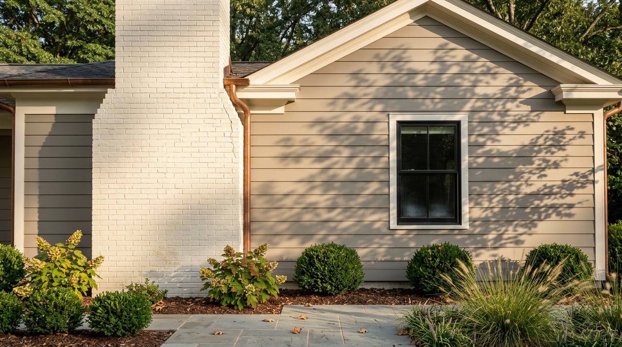 Off-white brick chimney beside gray lap siding, a black-framed window, clipped shrubs, and leafy canopy.