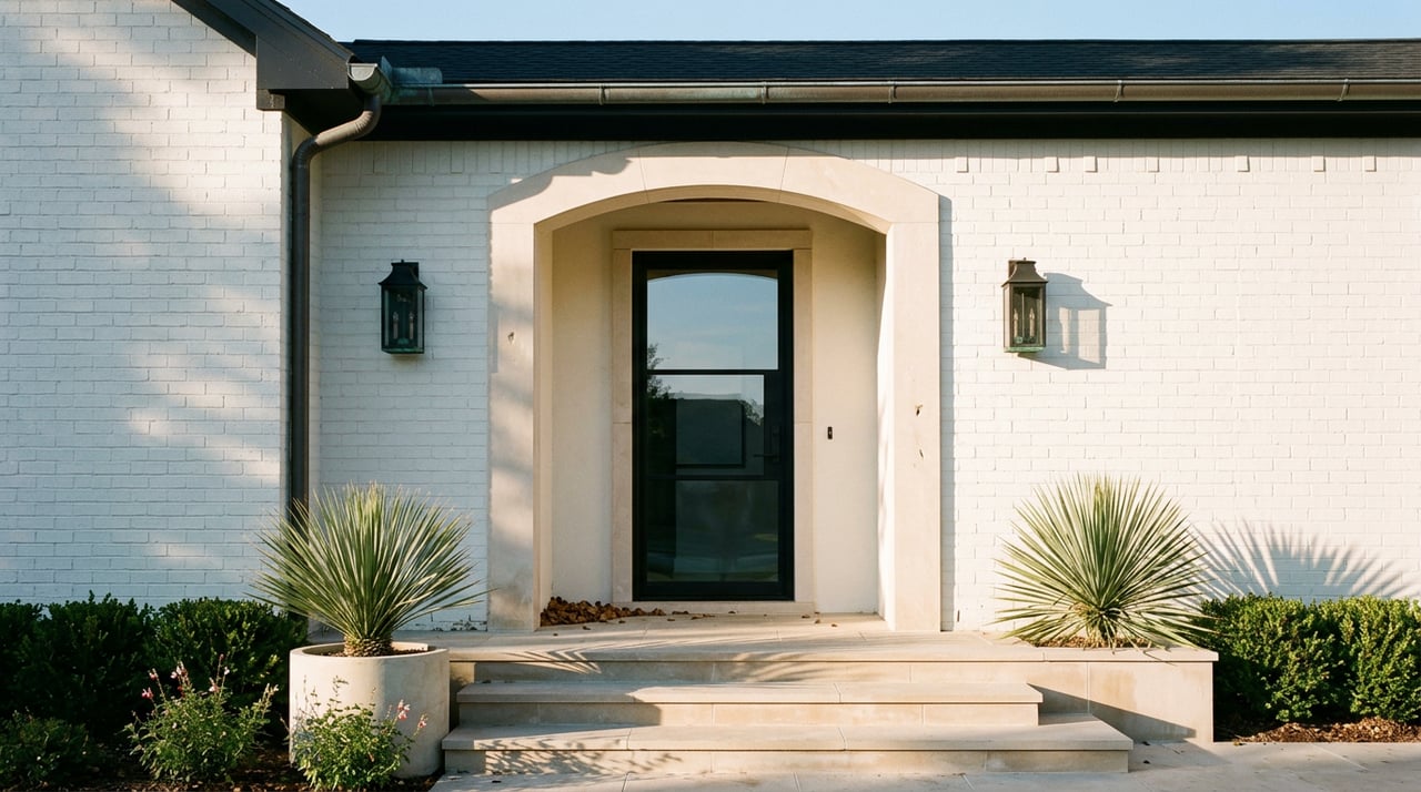 Arched black steel-and-glass entry above limestone steps, flanked by white brick, lanterns, and sculptural plants.