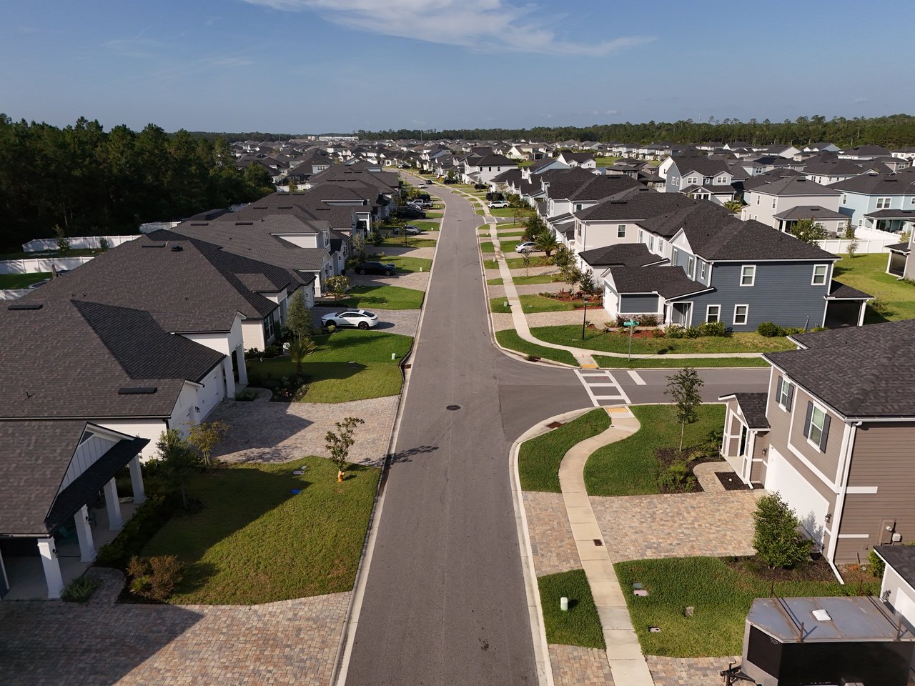 Aerial view of a residential neighborhood with rows of homes along a central road.