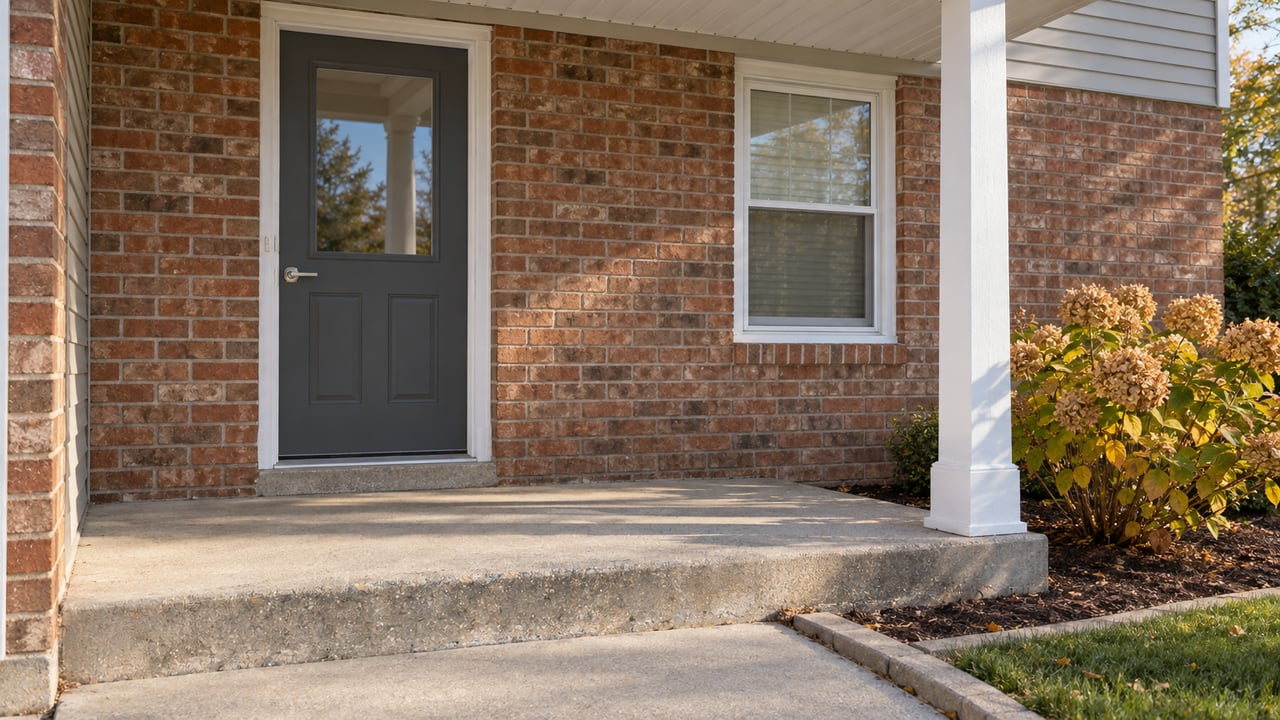 Close view of a brick front entry with a charcoal door, white-trimmed window, concrete porch step and autumn hydrangea.
