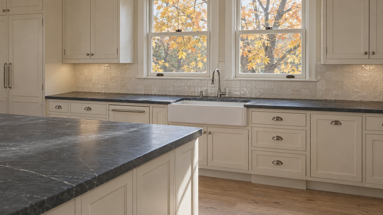 Warm white kitchen with charcoal counters, a broad island, and two windows overlooking sparse autumn leaves.