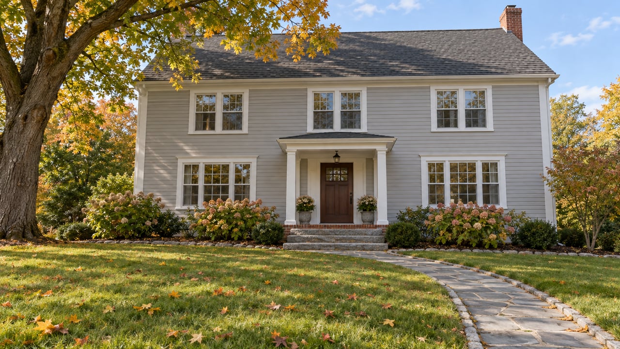 Pale-gray two-story home with white trim, granite entry steps and a stone walk across a deep autumn lawn beneath a spreading maple.