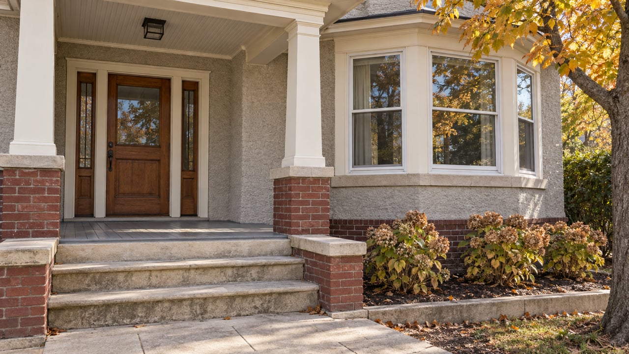 Morning light on a covered entrance with an oak door, ivory columns, limestone steps and autumn sugar maple foliage.