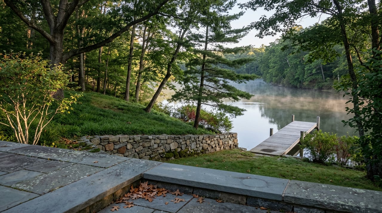 Wooded bluff descending to a stone shoreline wall and lone cedar dock in a misty cove.