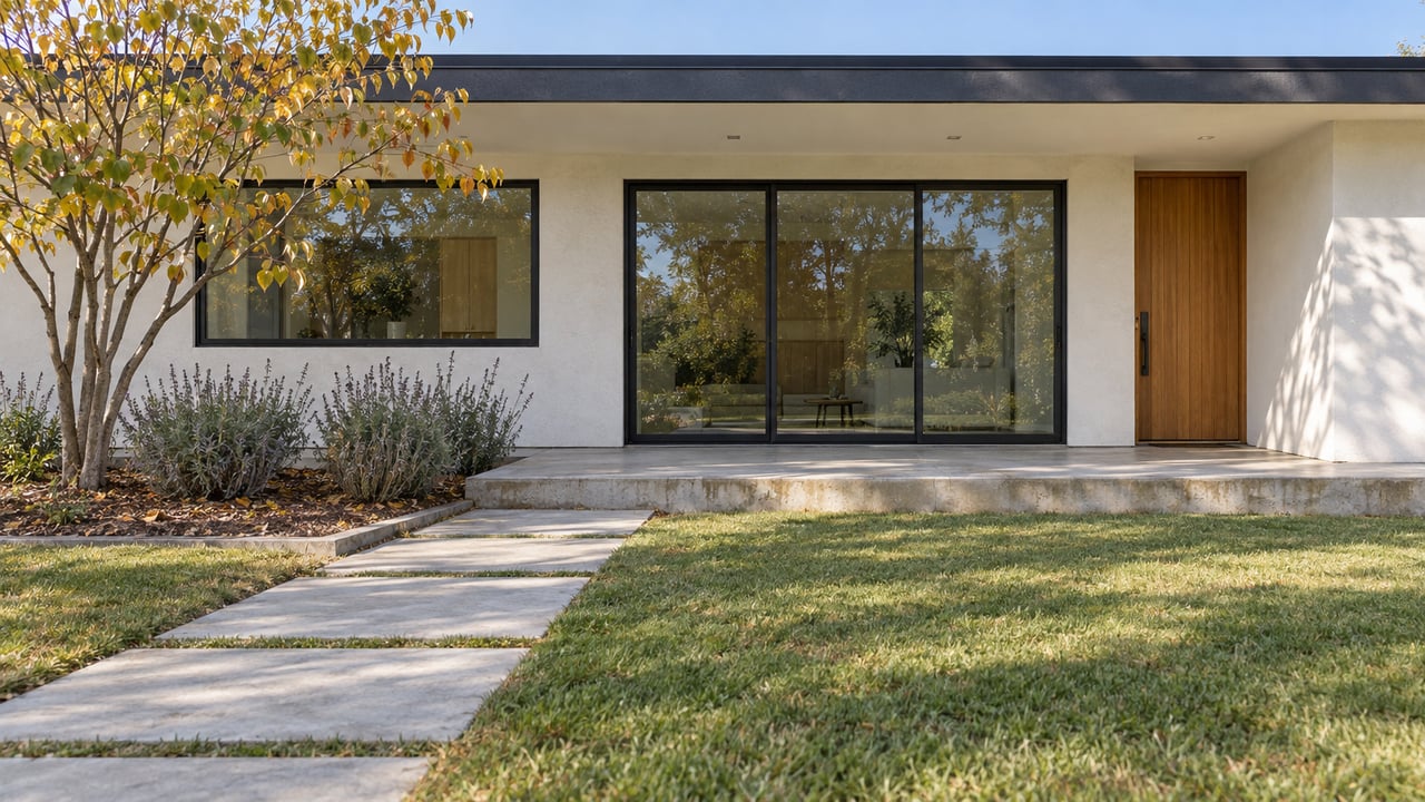 Modern single-story home with warm-white stucco, dark-framed glass, a timber entry and concrete pavers crossing an established lawn beside an autumn redbud.