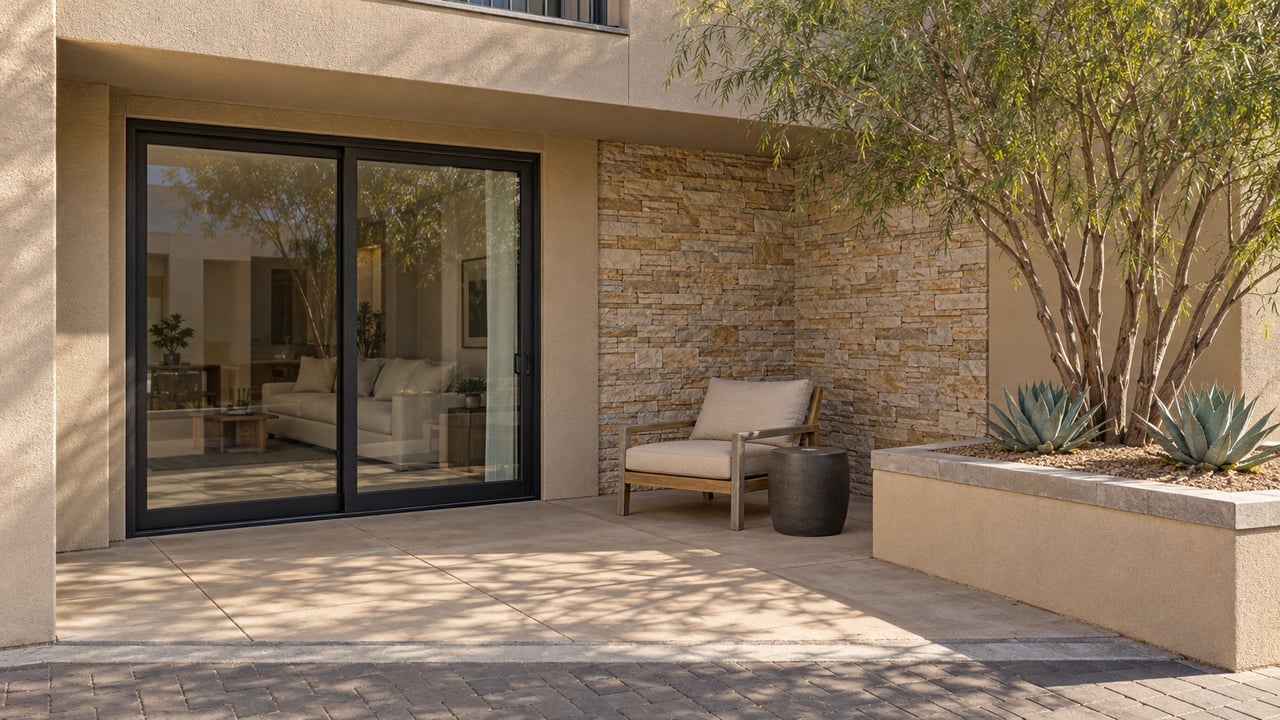 Sunlit condominium terrace with sand-colored stucco, limestone, closed black-framed glass doors, a teak chair, and a desert willow planter.