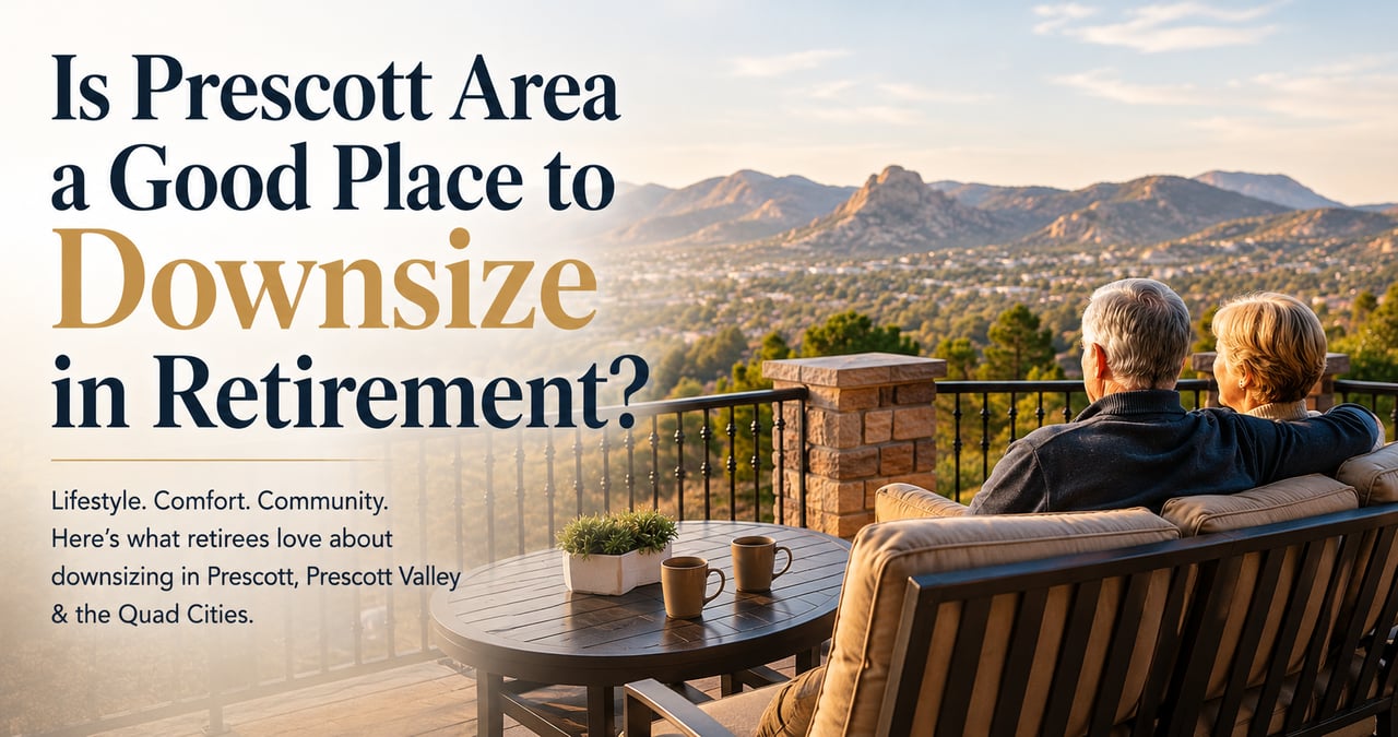 Retired couple on Prescott patio overlooking mountains while considering downsizing in retirement.