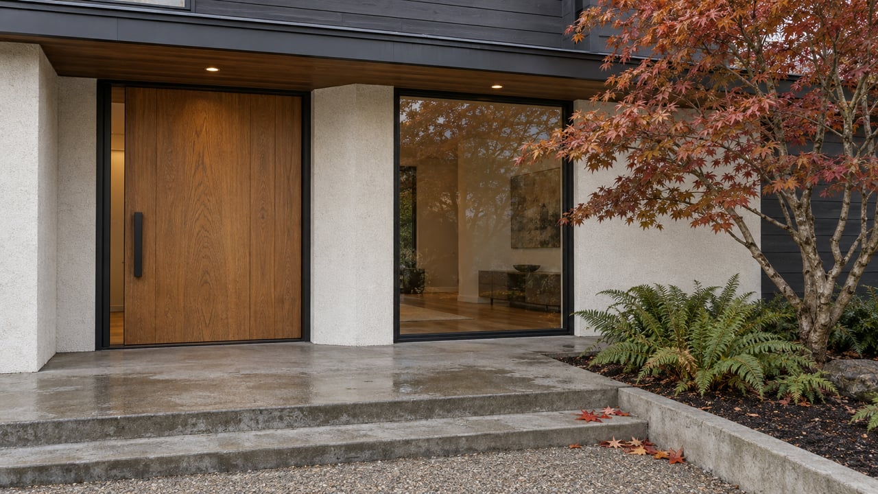 Sheltered modern home entry with an oak door, black-framed glazing, concrete steps and a russet Japanese maple.